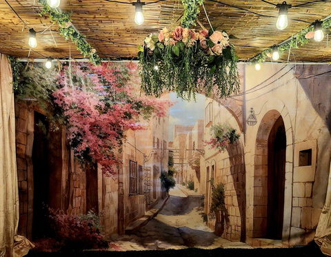 Pink Old City Watercolor Sukkah Mural