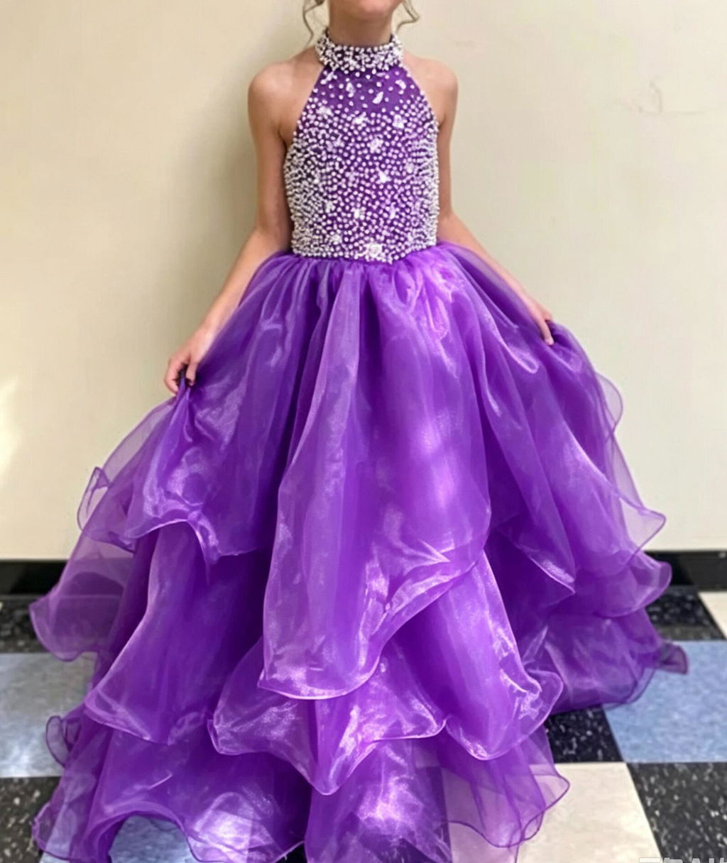 Sunnypetal Sparkling High Neck Ball Gown Flower Girl Dress with Beaded Bodice