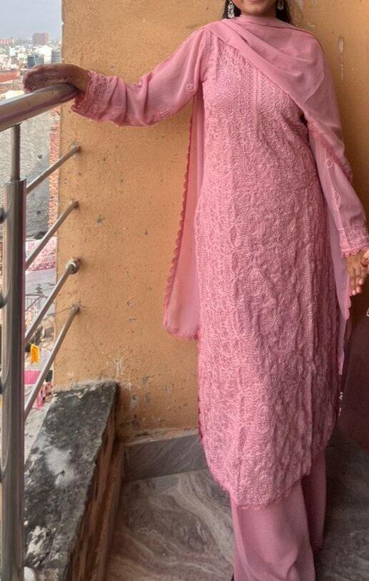 Viscose Georgette Chikankari Kurta With Palazzo And Dupatta