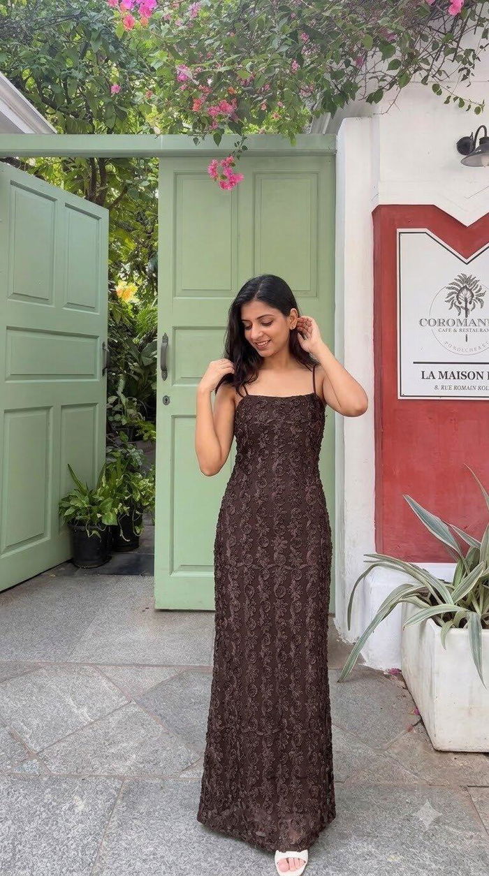 Geetika wearing Chocolate Bloom Maxi Dress