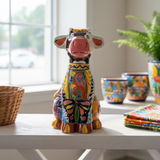 Hand Painted Mexican Talavera Sitting Cow Planter Pot, Expresso Brown & Off White