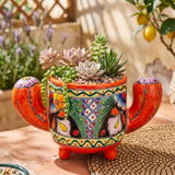 Hand Painted Mexican Talavera Cactus Planter Pot, Orange, Multicolor
