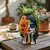 Hand Painted Mexican Talavera Head Bust Planter Pot, Day of the Dead, Sunflowers