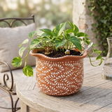 Hand Painted Mexican Talavera Scalloped Rim Planter Pot, Tabletop Medium, Brown & White, Cielito Lindo
