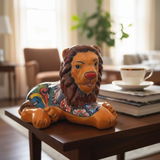 Hand Painted Mexican Talavera Lion Figure, Golden Yellow & Chestnut Brown