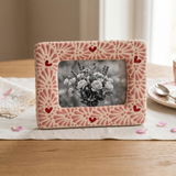 Hand Painted Mexican Talavera Horizontal Photo Frame, Ivory Cream & Pink, Cielito Lindo, Red Hearts