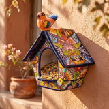 Hand Painted Mexican Talavera House Bird Feeder, Cobalt Blue Rim, Multicolor