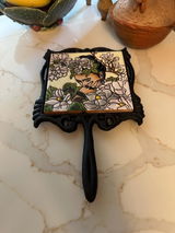 Handmade Mexican Talavera Tile Serving Trivet with Handle, Frida Kahlo-Inspired Flowers