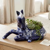 Hand Painted Mexican Talavera Folkart Horse Planter Pot, Cobalt Blue & White