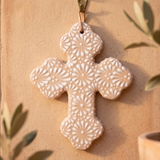 Hand Painted Mexican Talavera Wall Cross, Small, Cream & White, Cielito Lindo