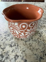 Hand Painted Mexican Talavera Scalloped Rim Planter Pot, Tabletop Small, Brown & White, Signature Floral