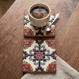 Hand Painted Mexican Talavera Textured Tile Coaster, Sunburst Medallion – Set of 2