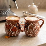 Hand Painted Mexican Talavera Jarrito Mug, Brown & White, Cielito Lindo, Marigolds and Butterflies – Set of 2