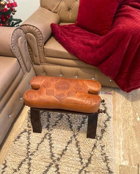 Tabouret Marocain Pliable en Bois & Cuir Naturel