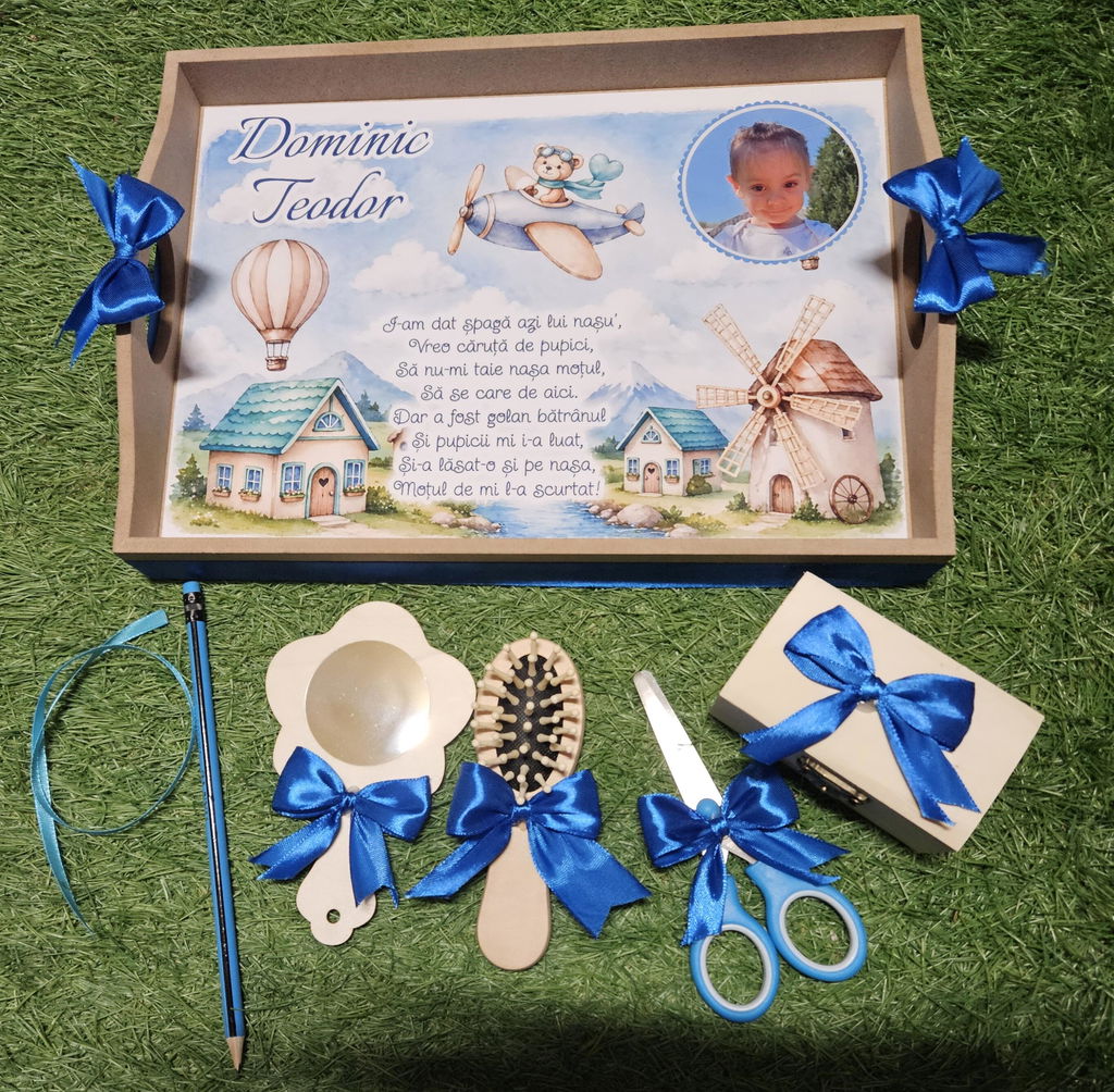 Set Tavita Mot Baiat cu Avion, Balon cu Aer Cald si Poza Personalizata