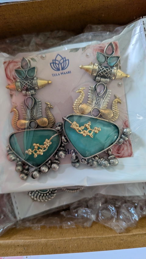Dhruti Dual Tone Sea Green Silver-Plated Earrings