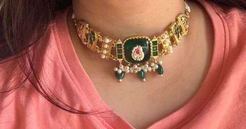 Padma Gold Plated Green Stone Pearl Choker Necklace Set