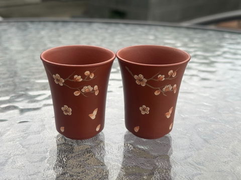 Terasilk Handmade Yixing Teacup Set | "Ni Hui" Plum Blossom Aroma Cups | Premium Hongni Red Clay (Set of 2)-30ml/1