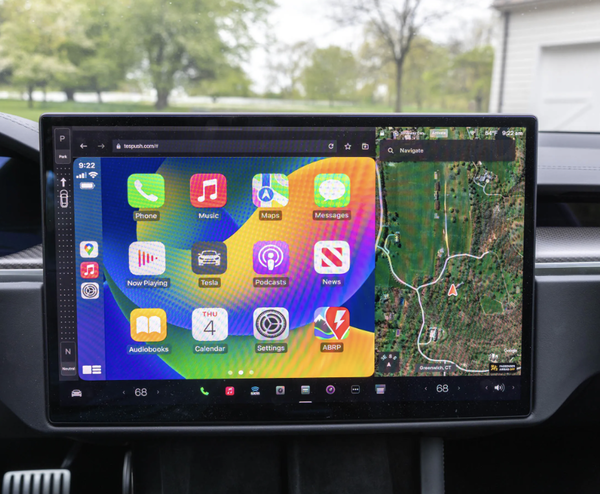 Owner photo: CarPlay apps and maps on a Tesla screen