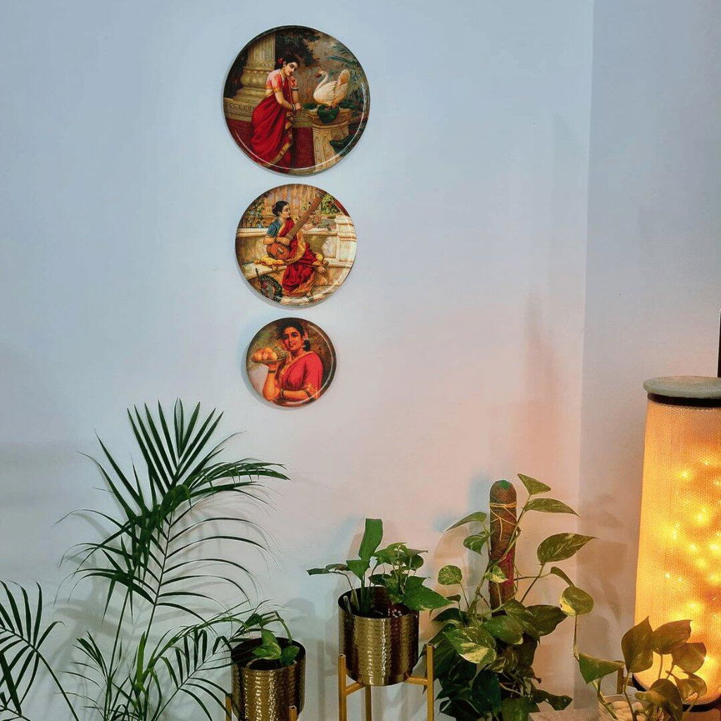 Classic Raja Ravi Varma Metal Wall Art – Set of 3 Plates