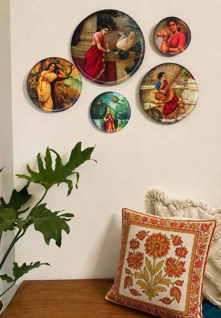 Timeless Women of Raja Ravi Varma: Vintage Metal Wall Decor Plates