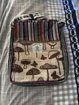 Mushroom Print Hemp Shoulder Bag - Handmade Himalayan Hemp Purse from Nepal