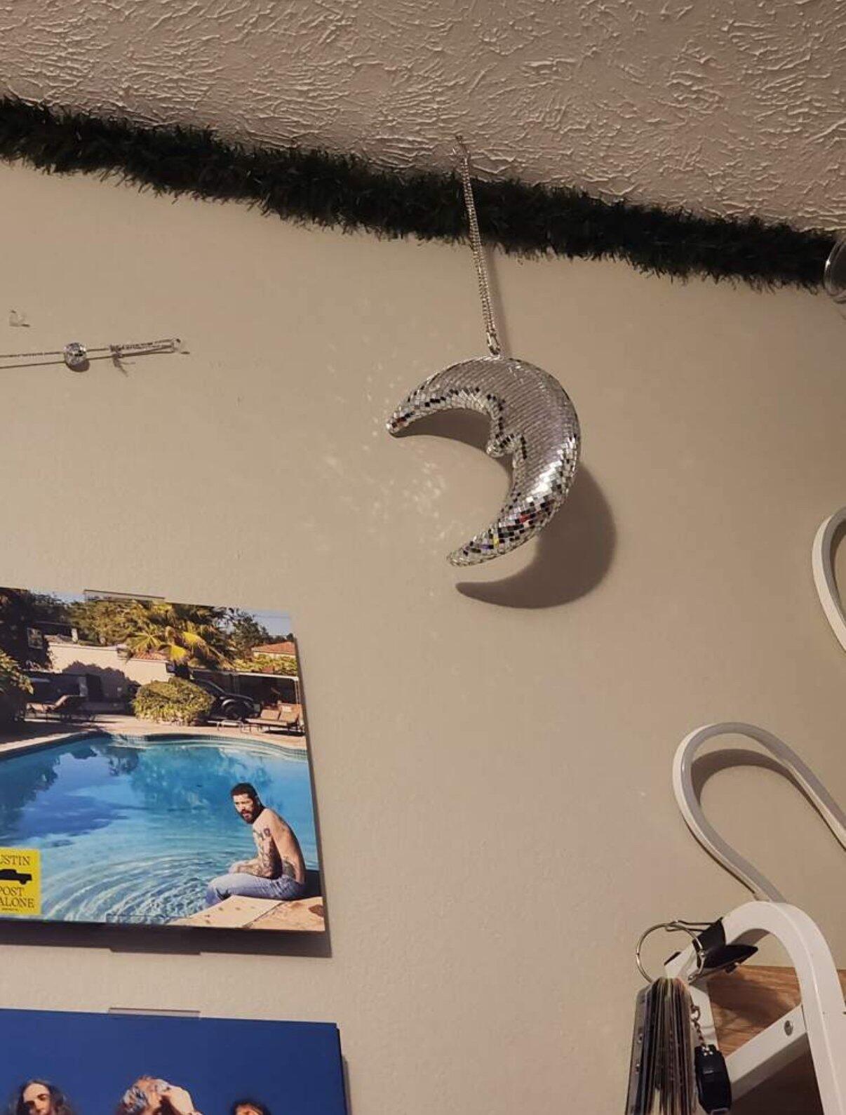 Crescent Disco Moon Mirror Pendant, customer photo
