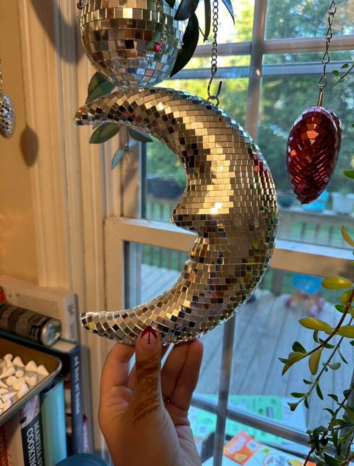 Crescent Disco Moon Mirror Pendant, customer photo
