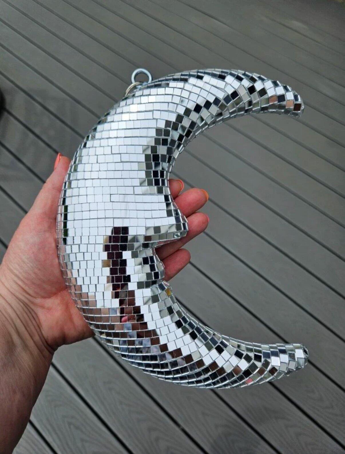 Crescent Disco Moon Mirror Pendant, customer photo