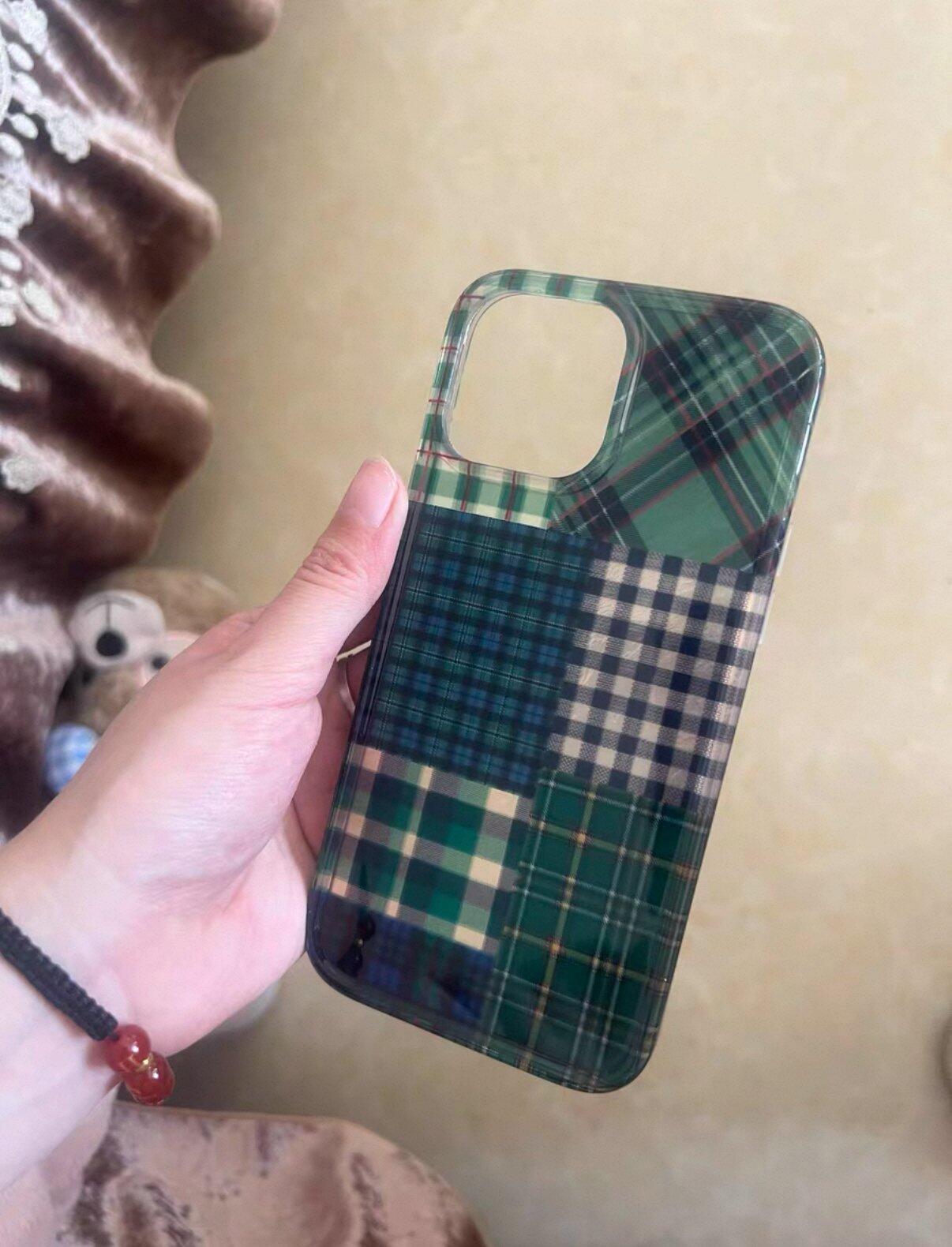 Glossy Green Plaid iPhone Case, customer photo