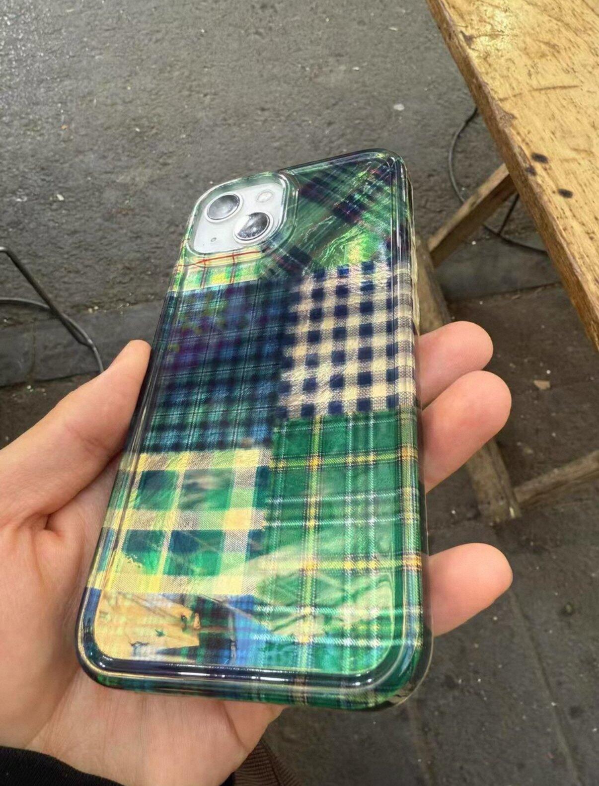 Glossy Green Plaid iPhone Case, customer photo