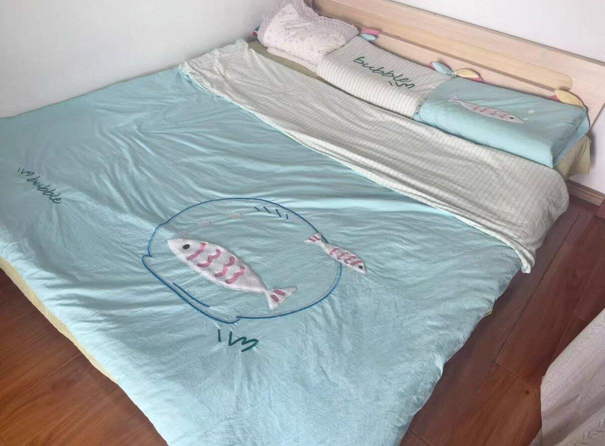 Blue Cartoon Fish Embroidered Bedding Set, customer photo