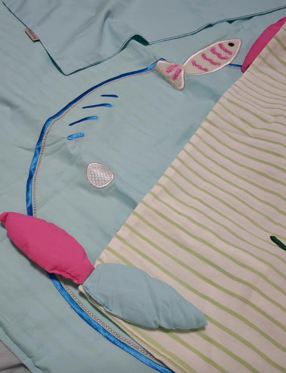 Blue Cartoon Fish Embroidered Bedding Set, customer photo