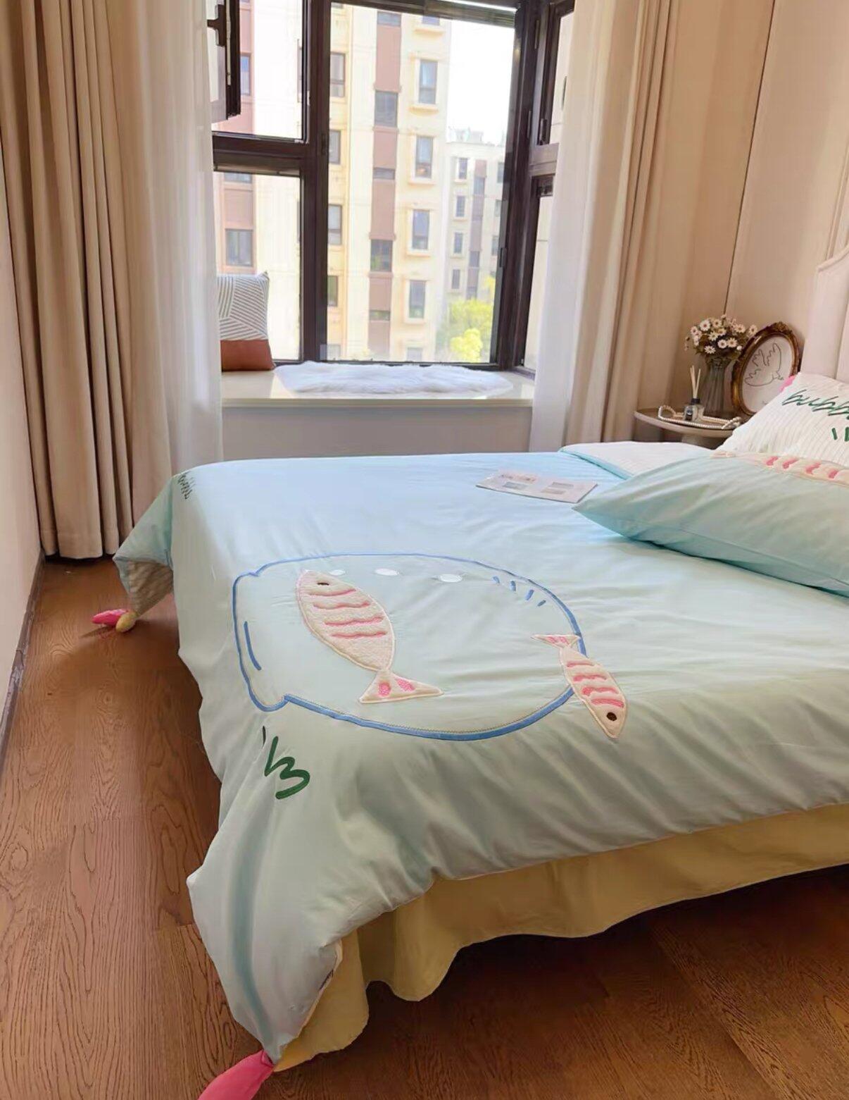 Blue Cartoon Fish Embroidered Bedding Set, customer photo