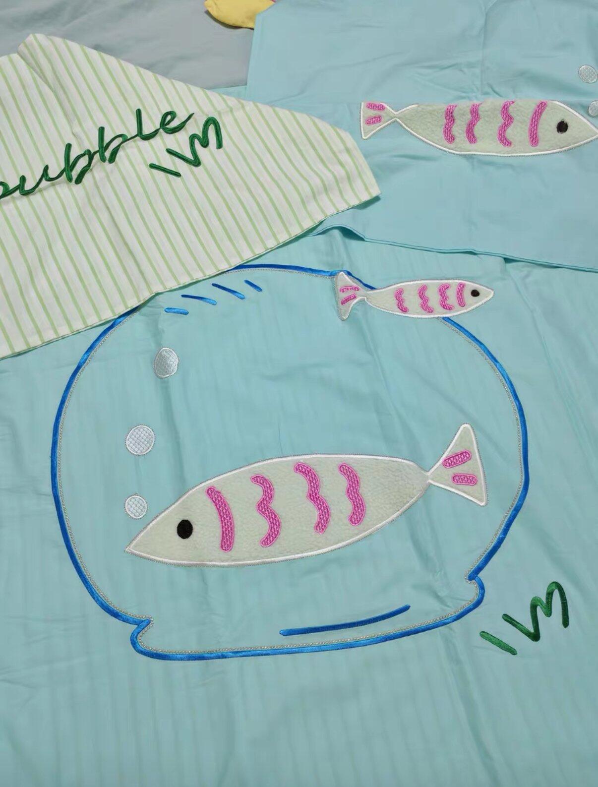 Blue Cartoon Fish Embroidered Bedding Set, customer photo