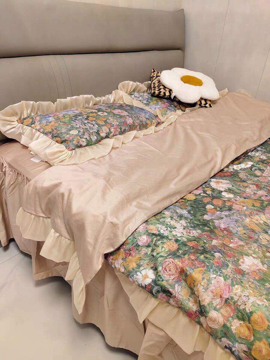 Oil Painting Floral Ruffle Cotton Bedding Set, customer photo