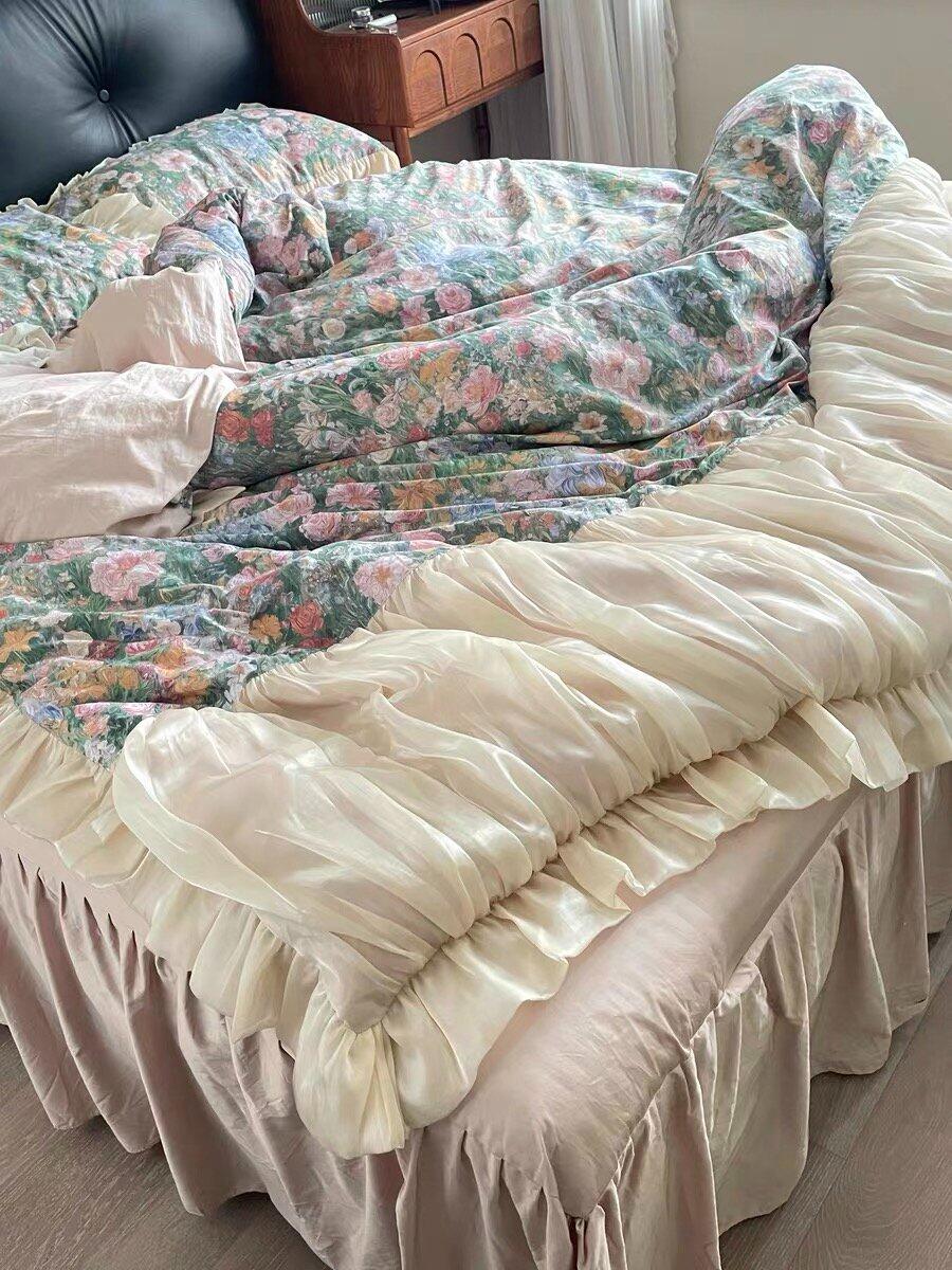 Oil Painting Floral Ruffle Cotton Bedding Set, customer photo
