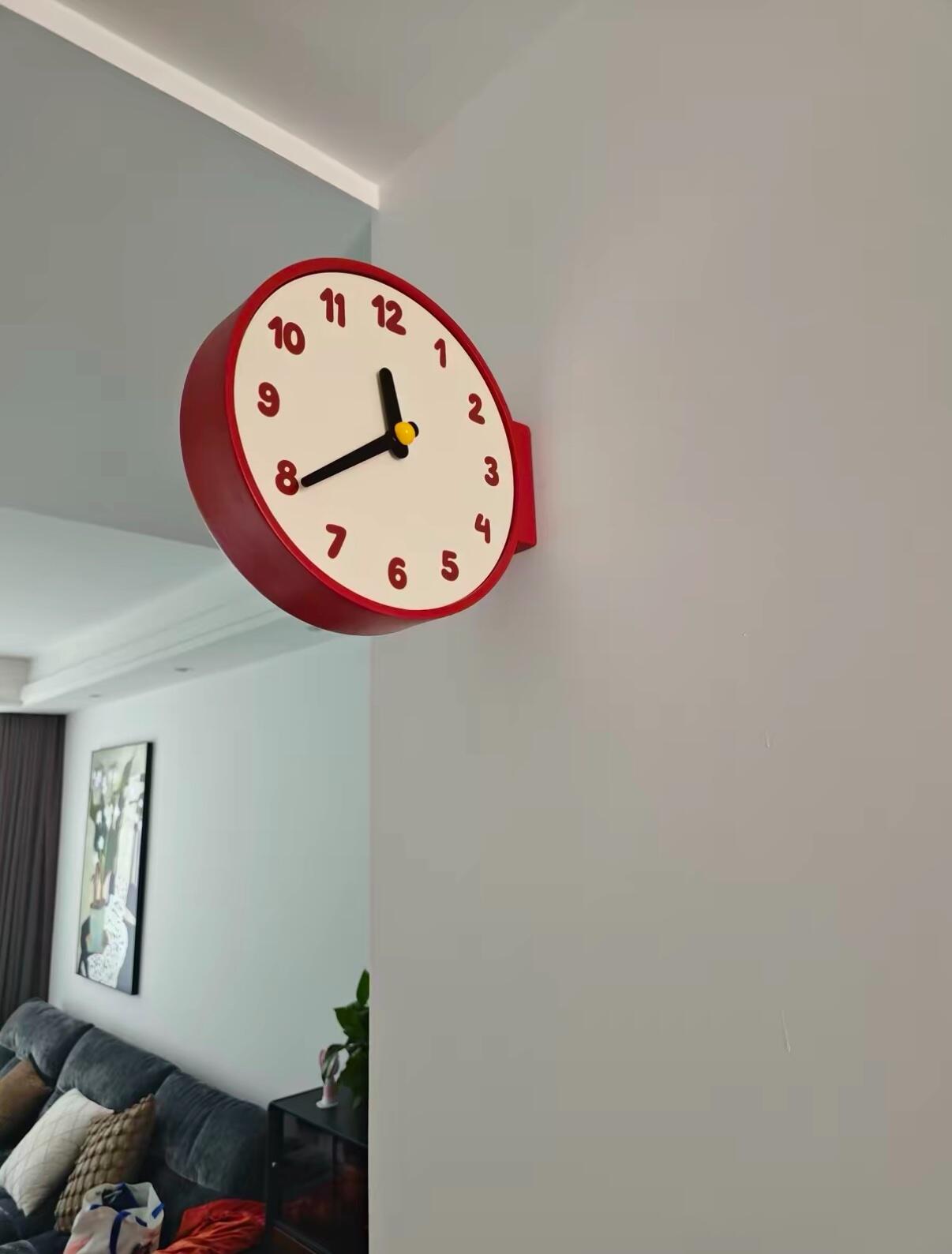 Burgundy Double Sided Corner Wall Clock, customer photo