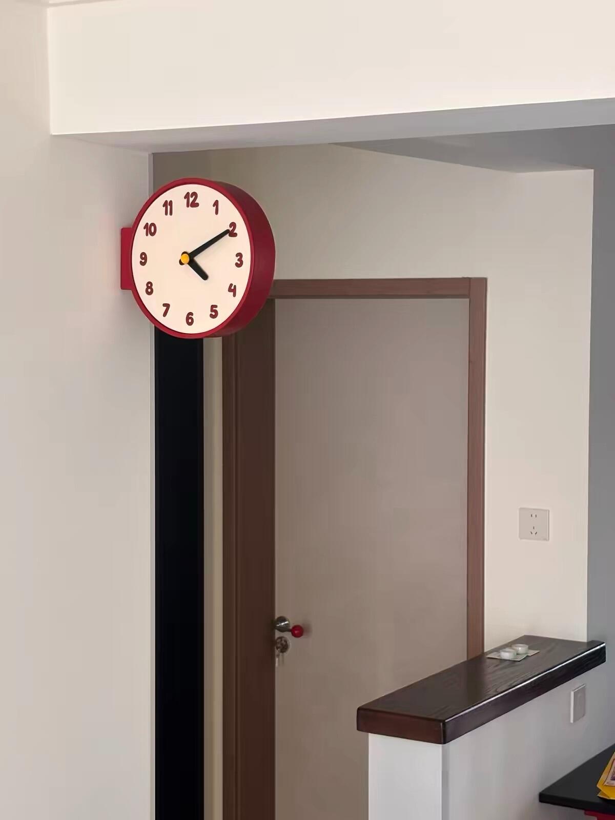 Burgundy Double Sided Corner Wall Clock, customer photo