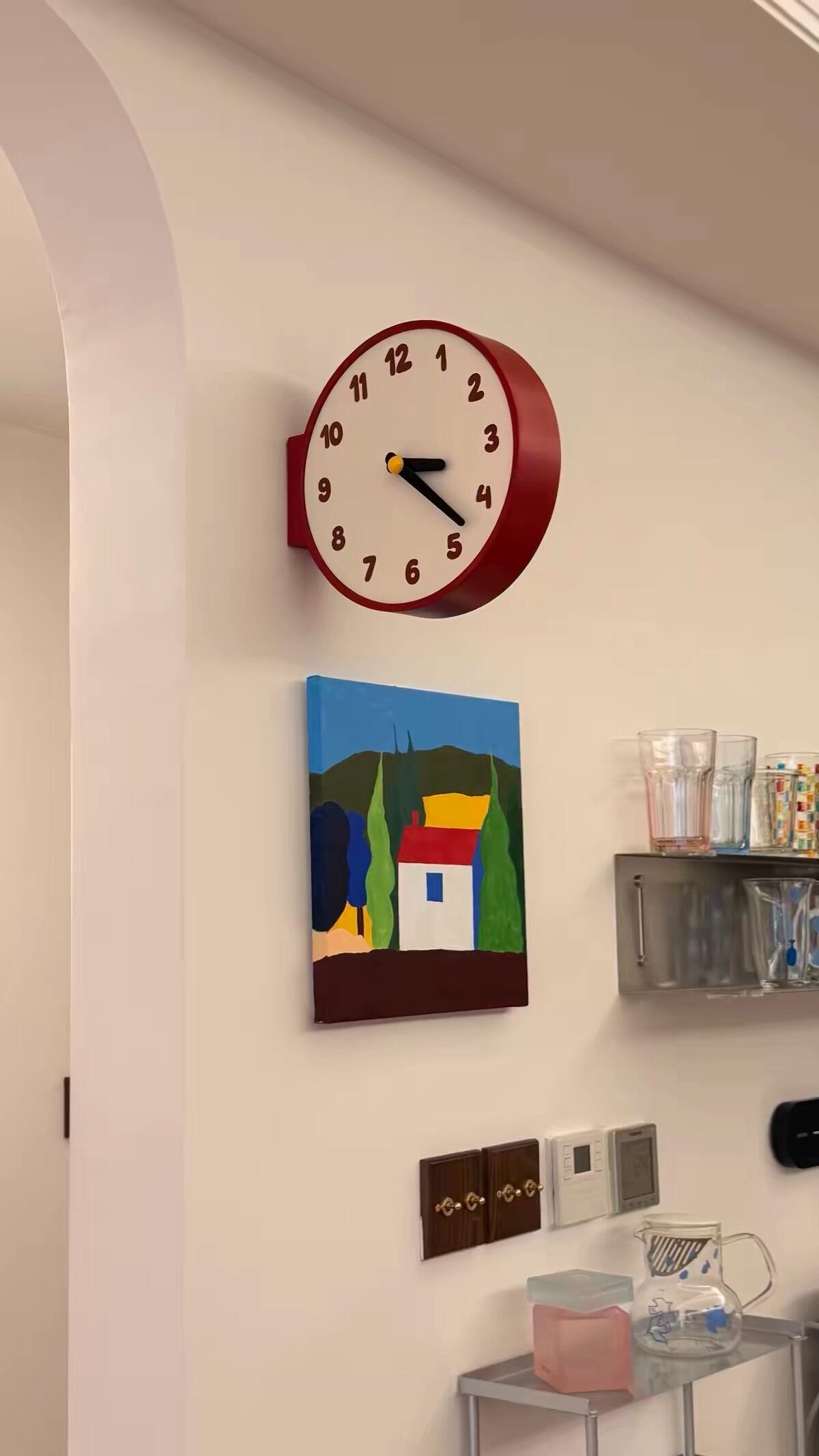 Burgundy Double Sided Corner Wall Clock, customer photo