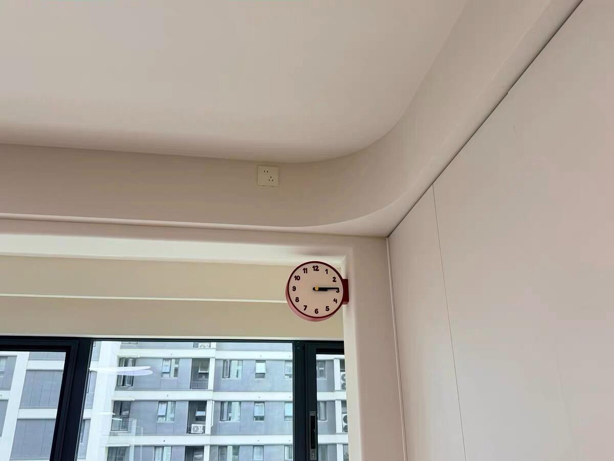 Burgundy Double Sided Corner Wall Clock, customer photo
