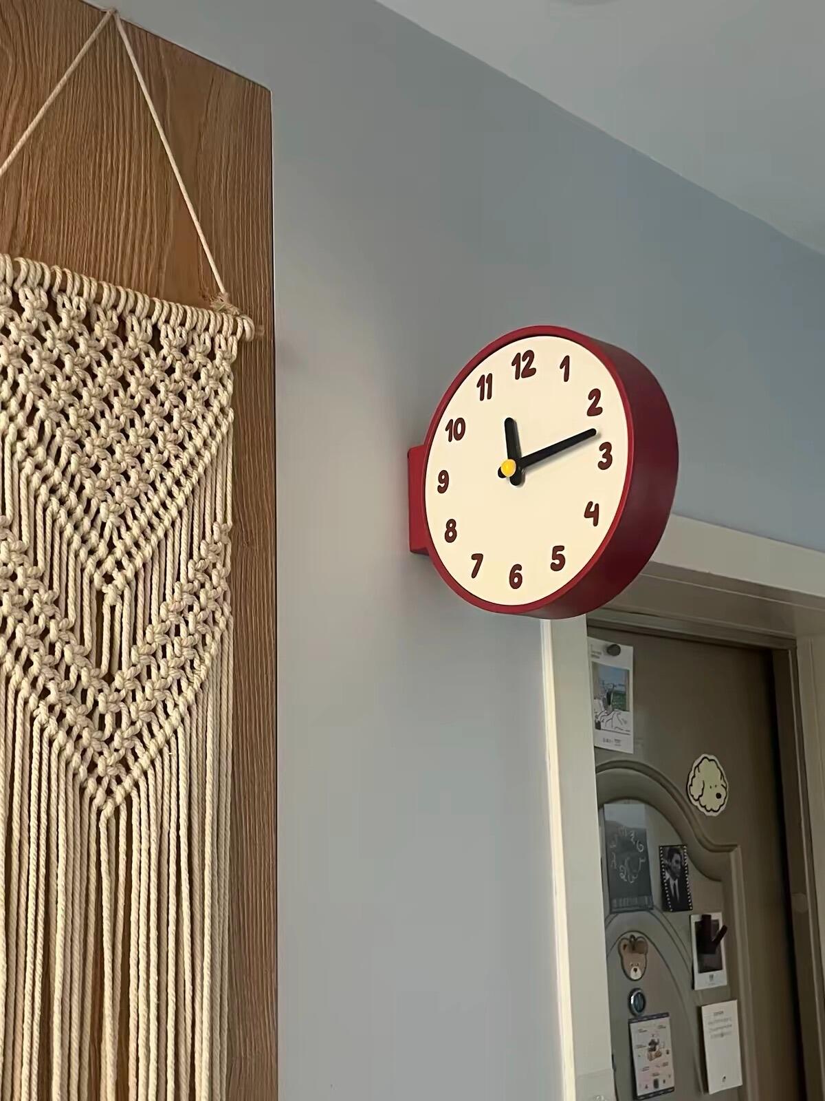 Burgundy Double Sided Corner Wall Clock, customer photo