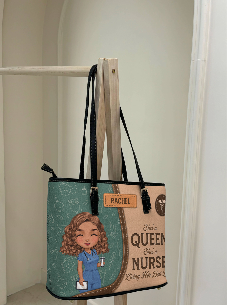 She Is A Nurse Queen - Personalized Custom Nurse Leather Tote Bag