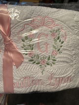 Personalized Rose Vine Bow Crest Monogram Baby Quilt | Custom Embroidered Heirloom Blanket