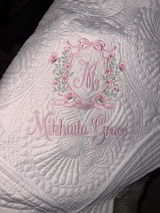 Personalized Pink Floral Vine Bow Crest Monogram Baby Quilt | Custom Embroidered Heirloom Blanket