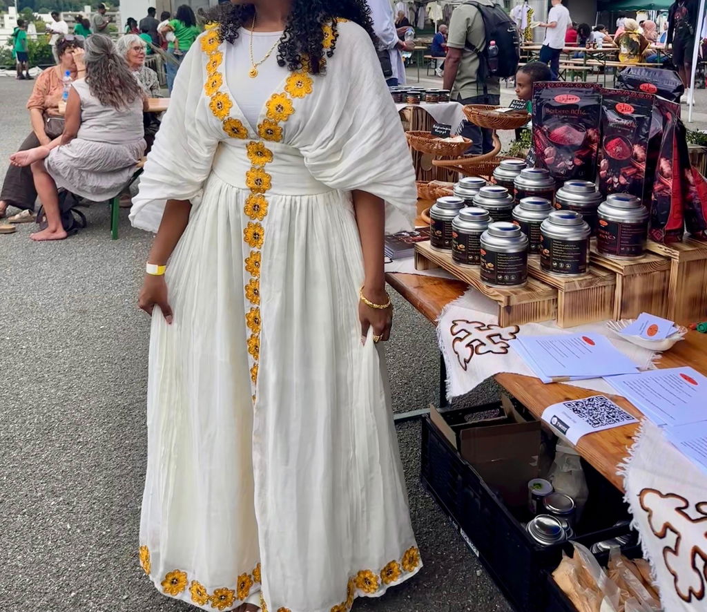 Ethiopian Traditional Dress Yellow Floral Embroidery Habesha Kemis Beautiful Habesha Dress For Enkutatash 0084