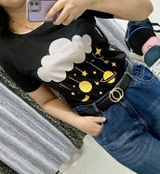 Women Round Neck Half Sleeves T-Shirt with Cloud and Planets Print