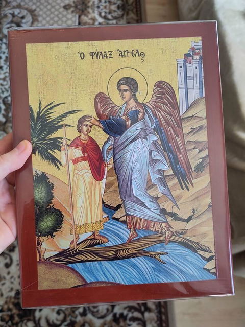 Guardian Angel icon, Handmade Greek Orthodox icon Protector Archangel, Byzantine art wall hanging on wood plaque religious icon, Orthodox Home Decor