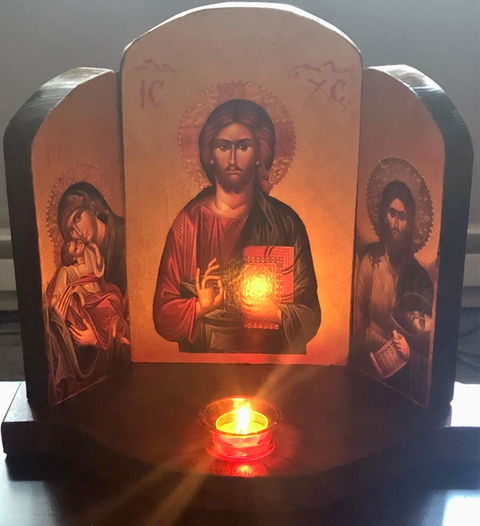 Christian Iconostasis with Jesus Christ St John Forerunner Virgin Mary Handmade Mount Athos wooden Altar Orthodox Icon, Byzantine Religious Art