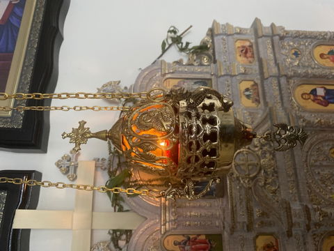 Christian Brass Hanging Oil Vigil Lamp with Cross, Prayer Hanging Oil Lamp, Orthodox Oil Candle with glass cup, Orthodox Devotional Art